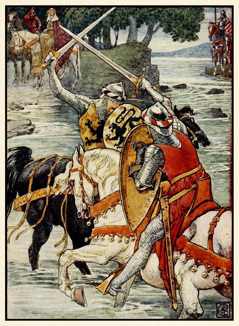 Kralj Artur - Walter Crane 5 Beaumains zmaga v bitki ob plitvini.