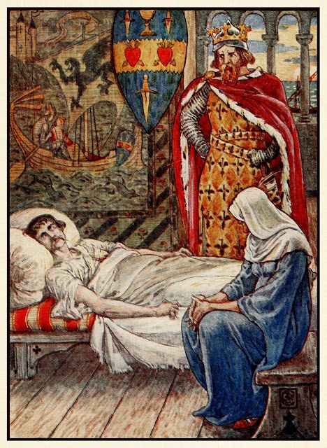 Kralj Artur - Walter Crane 6 Čarovnica svetuje, kako zdraviti rane sira Tristrana.