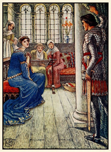 Kralj Artur - Walter Crane 10 Gospod Owen pozdravlja gospo vodnjaka.