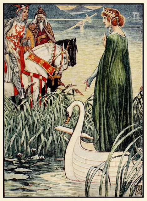 Kralj Artur - Walter Crane 3 Kralj Artur prosi Jezersko gospo za meč Excalibur.
