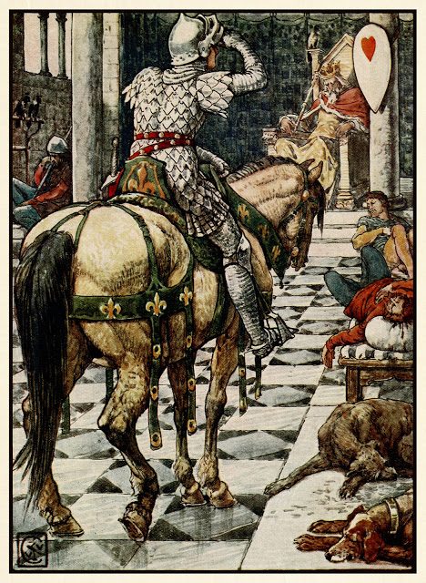 Kralj Artur - Walter Crane 9 Parsifal si pridobi ščit utripajočega srca.