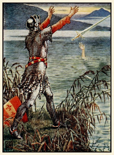 Kralj Artur - Walter Crane 15 Sir Bedevere vrže meč Excalibur v jezero.
