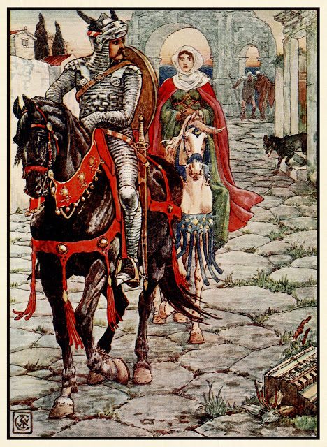 Kralj Artur - Walter Crane 7 Sir Geraint in gospa Enid v zapuščenem rimskem mestu.