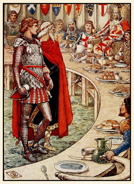 Kralj Artur - Walter Crane 12 Sira Galahada pripeljejo na dvor Kralja Arturja.